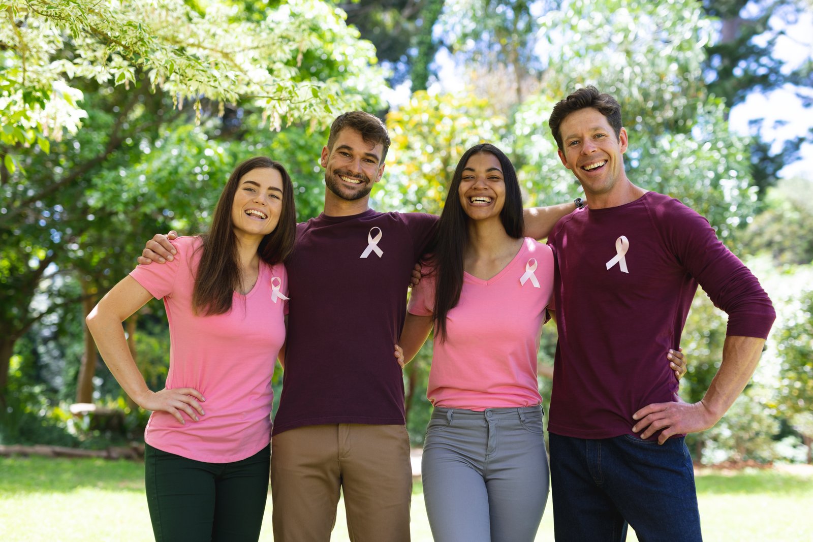 Supporters wearing cancer awareness ribbons